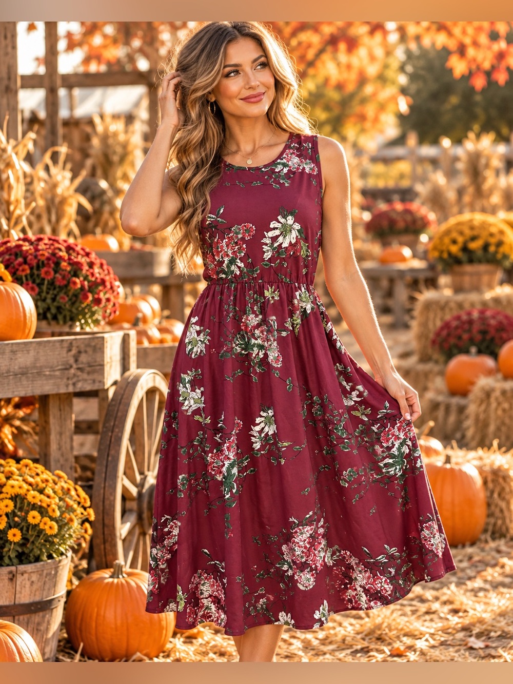 NWT OURS Burgundy Floral Sleeveless Midi Dress Size L Boho Fall Cottagecore